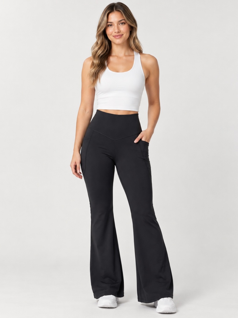 Halara UltraSculpt High Rise Flare Leggings Black Side Pockets Butt Pads Size S
